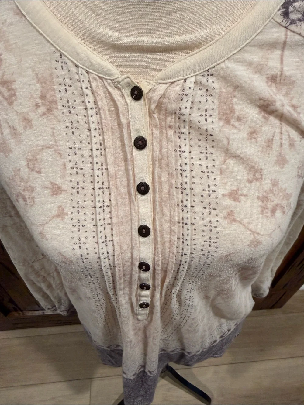 Lucky Brand Cream and Light Purple Long-Sleeve Henley Tunic
